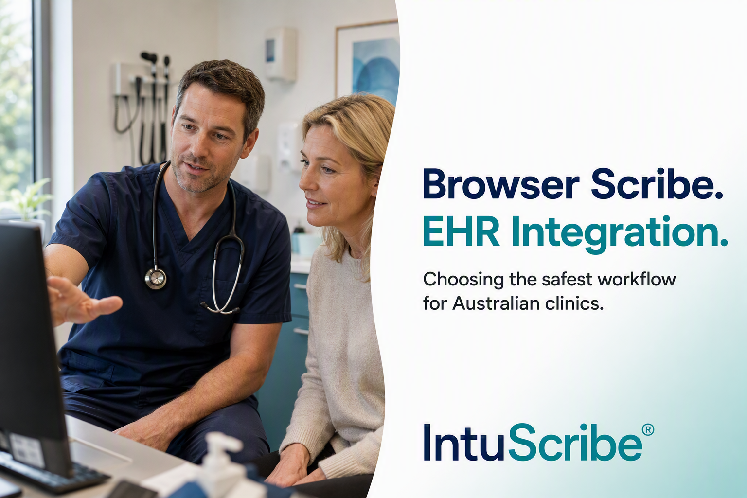 A browser-based clinical workflow showing an AI medical scribe connected to clinical notes and practice software.