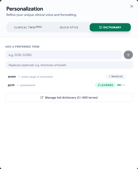 IntuScribe Personalization Dictionary Modal UI displaying learned clinical abbreviation settings
