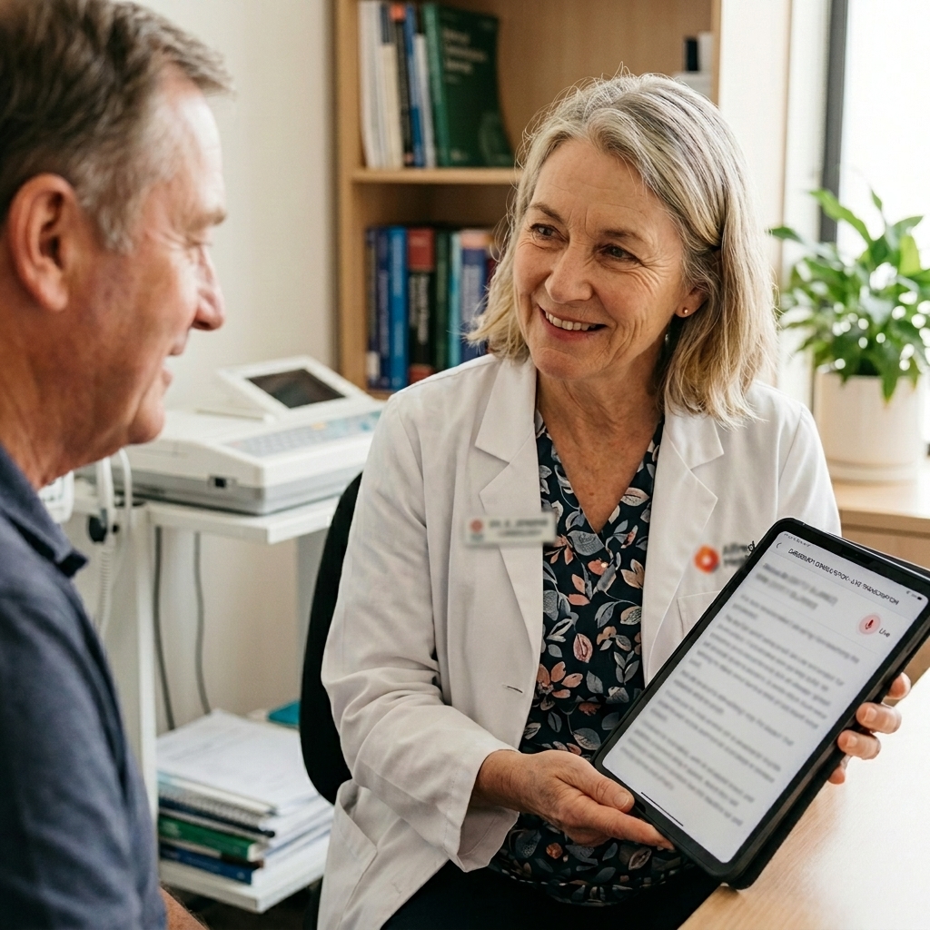 Cardiologist holding a tablet displaying real-time speech-to-text transcription during a patient consultation.