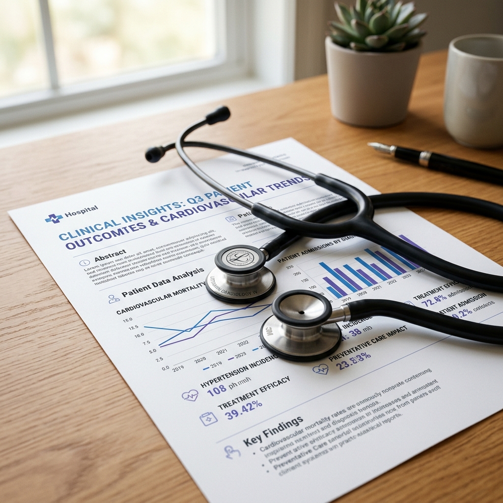 A stethoscope lying on top of a modern white paper document with glowing key stats